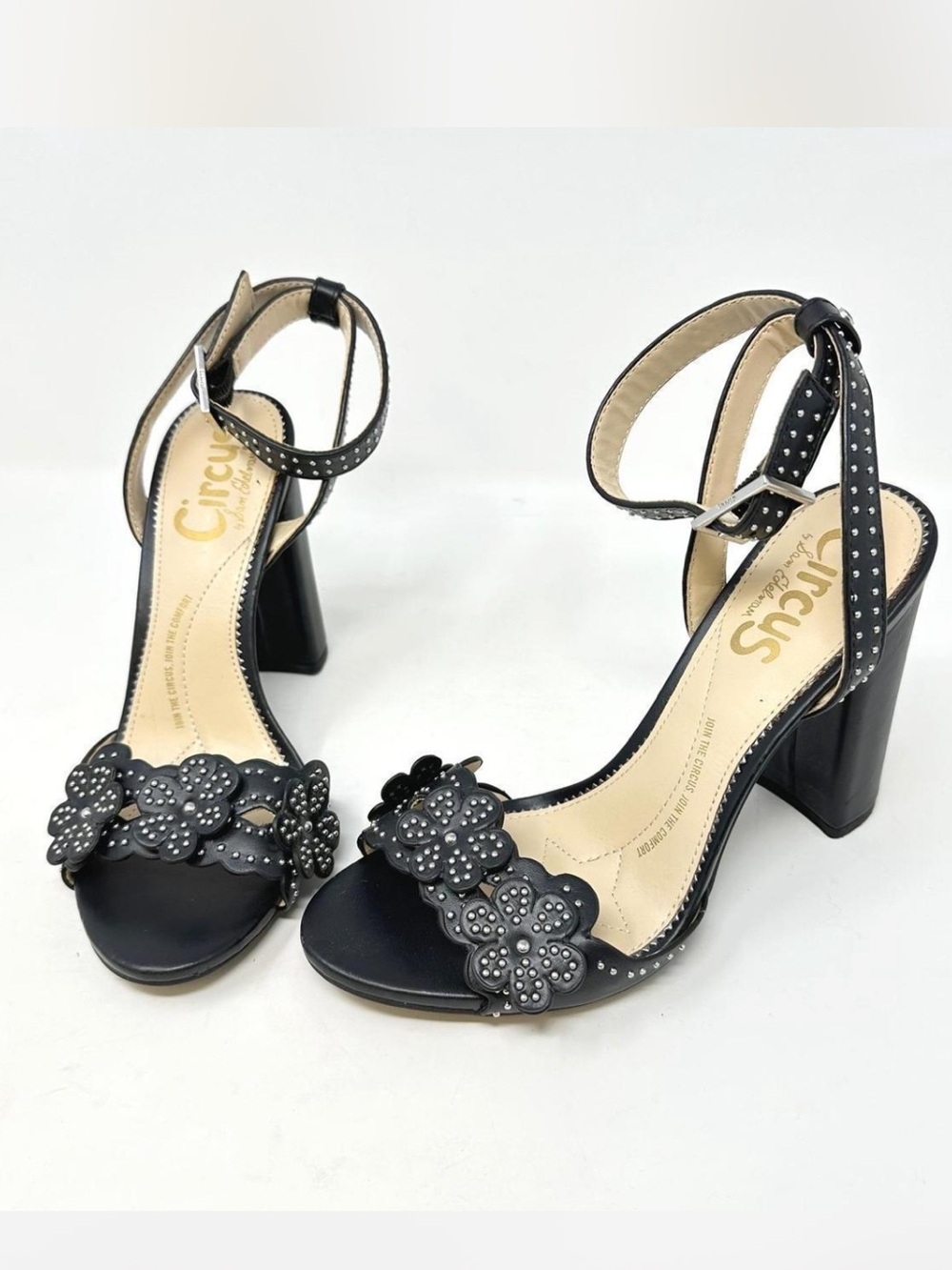 Circus by Sam Edelman Black Floral Studded Merle Block Heel Sandals size 10
